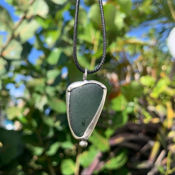 *SOLD* Handmade silver soldered necklace rare teal blue Sea glass Puerto Rico - Picture 2 of 6